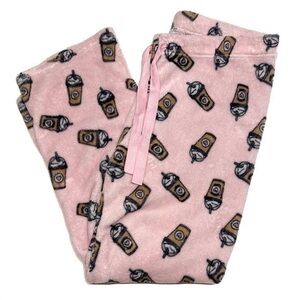Nightfox Frappé Coffee Pink Plush Fleece Pajama Pants with Hearts size XL